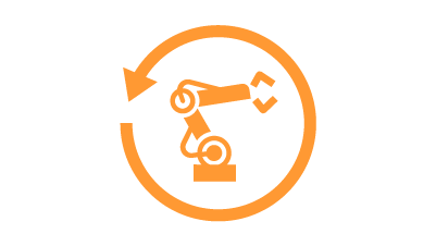 Icona arancione di un robot industriale all'interno di una freccia circolare